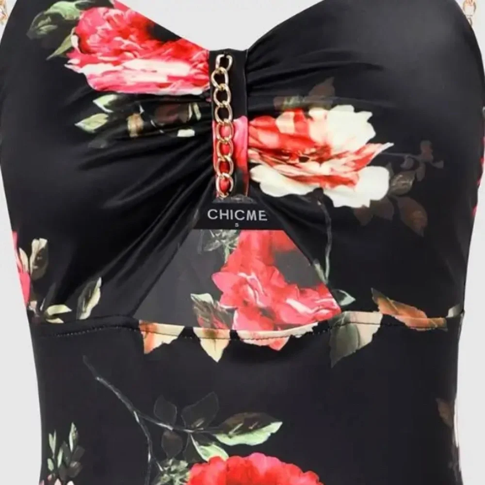 NWT Large Sexy floral print body con dress 2023 sleeveless chain decor - Picture 2 of 7
